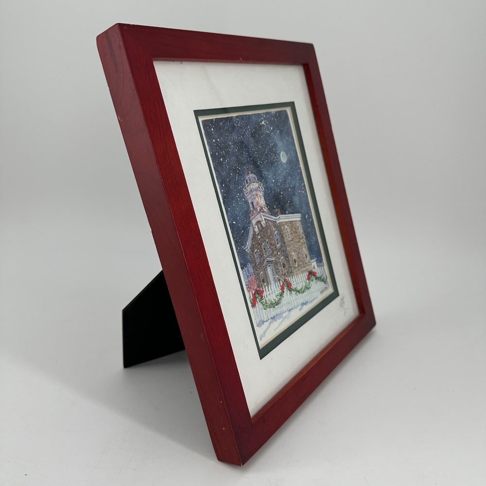 Framed Winter Lighthouse Art Print in Red Wood Frame - Holiday Home Decor